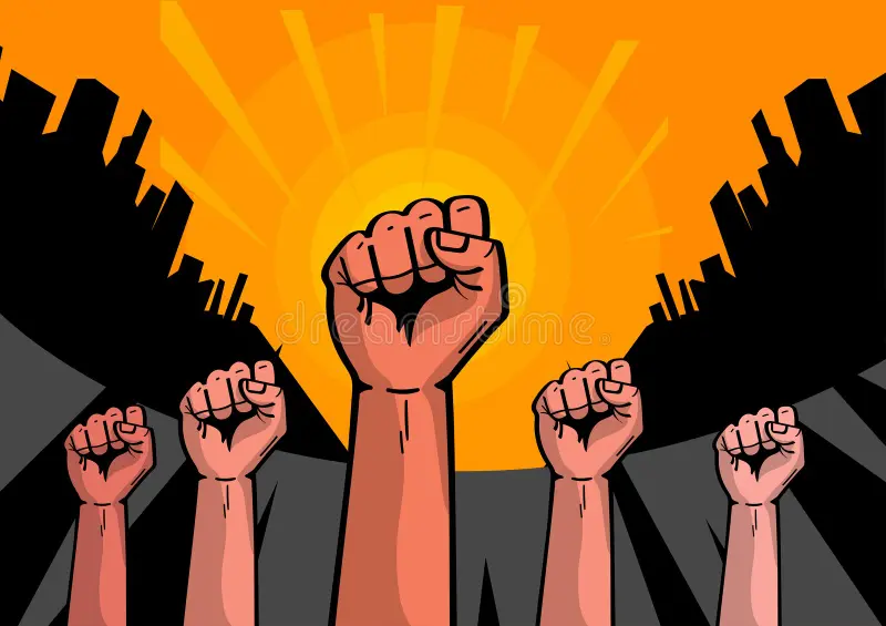 hands fists people different nationalities races raised air protest strike fighting their rights men women 287131793