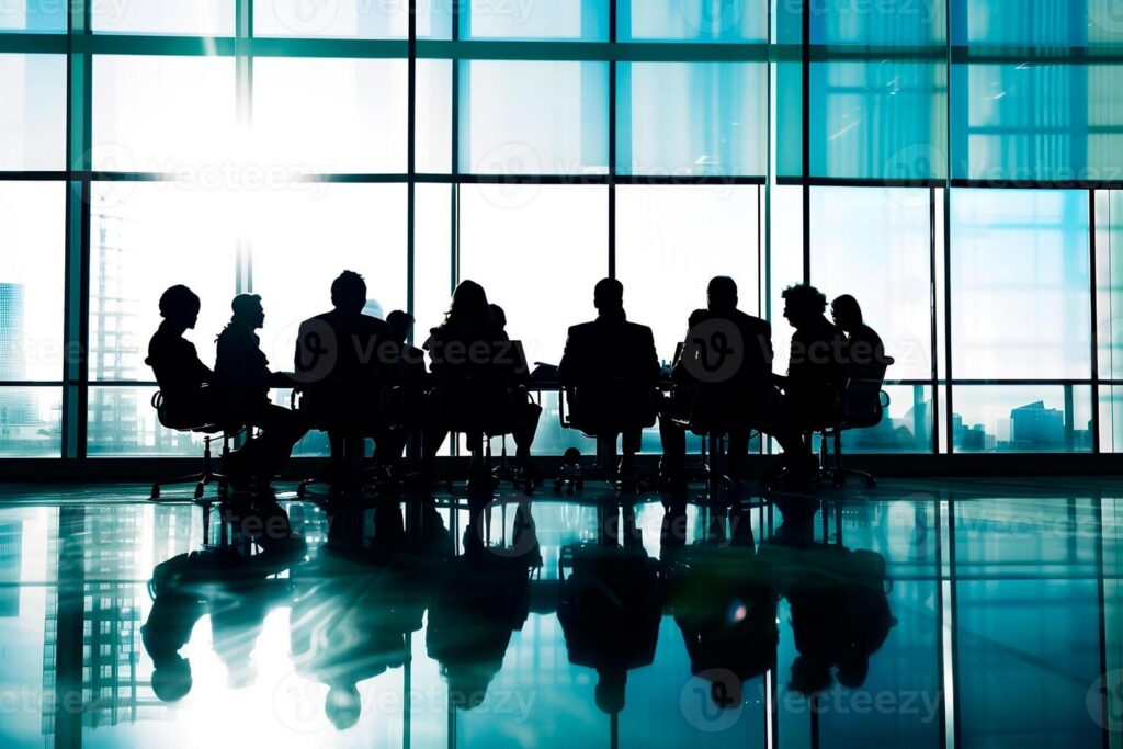 ai generated silhouette of a business team in a meeting at a boardroom with city skyline background photo