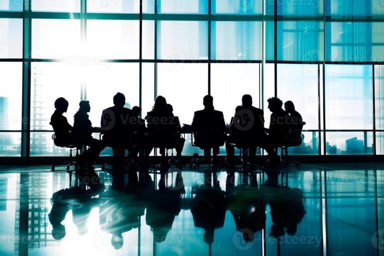 ai generated silhouette of a business team in a meeting at a boardroom with city skyline background photo